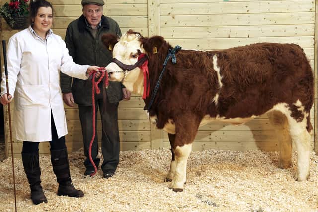 Alice and Kenneth, Stubbs, with their Class 7 winner at Fermanagh Breeders Show and Sale at Enniskillen Mart.