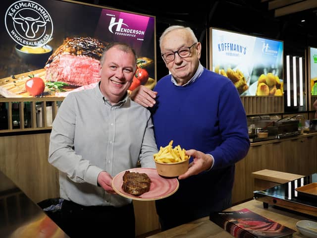 Gordon McAtamney from K&G McAtamney Wholesale Meats is pictured with chef Pierre Koffmann, the name behind the Koffmann’s range of potatoes and fries by The Food Heroes. Both companies have recently come on board as exclusive suppliers to Henderson Foodservice in recent months