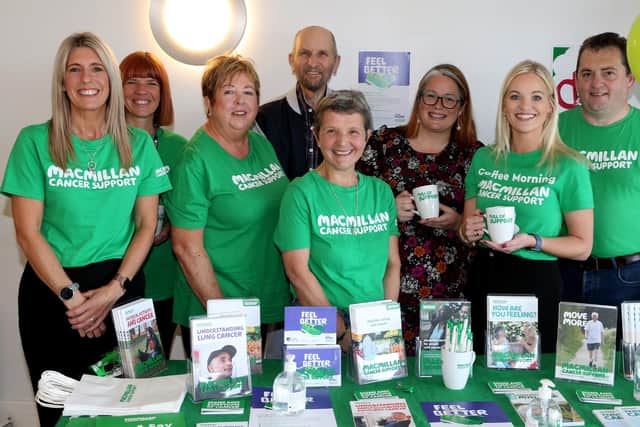 Pictured at Council’s Macmillan Coffee Morning, Catherine King, Melanie Orr, Clare Robertson, Ray McCrea, Jenny Maginn, MLA Sian Mulholland, Jodie McAneaney, Simon Moore.