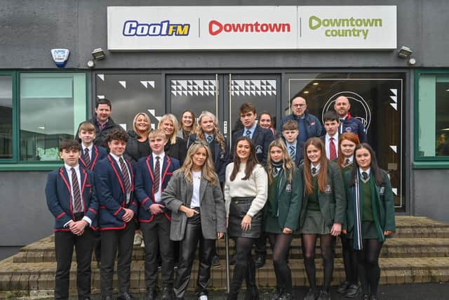 Pictured, Radio presenters Caroline Fleck, Victoria Quinn and Melissa Riddell with pupils and teachers from Aughnacloy College, Dromore High School, St. Colmcille’s High School and the Royal School Armagh at the Downtown/Cool FM studios in Newtownards for a media training day. Pic: Simon Graham
