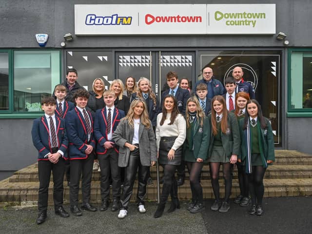 Pictured, Radio presenters Caroline Fleck, Victoria Quinn and Melissa Riddell with pupils and teachers from Aughnacloy College, Dromore High School, St. Colmcille’s High School and the Royal School Armagh at the Downtown/Cool FM studios in Newtownards for a media training day. Pic: Simon Graham