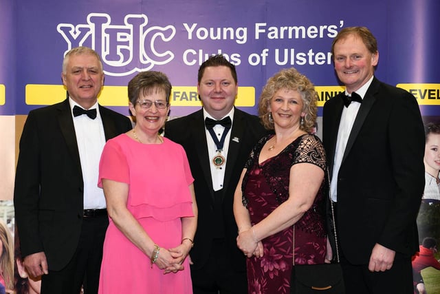 William Irvine, UFU deputy president, Ruth Irvine, Stuart Mills, YFCU president, Mary Brown and David Brown, UFU president at the arts YFCU festival gala at the Millennium Forum in Londonderry. Picture: YFCU
