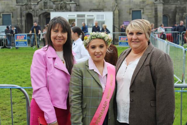 Samantha Hamilton (centre) is the Queen of Fermanagh Show 2023. She was joined by her mother Viola (right) and Geraldine Nelson, from Belfast, for the culmination of the cattle judging at this year's event. Pic: Richard Halleron