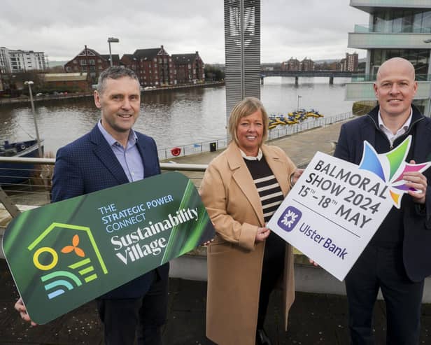 Liam Faulkner and Mike Gimson from Strategic Power Connect join Vickie White, RUAS, to announce sponsorship of the Balmoral Show's Sustainability Village. (Pic: Brian Thompson)