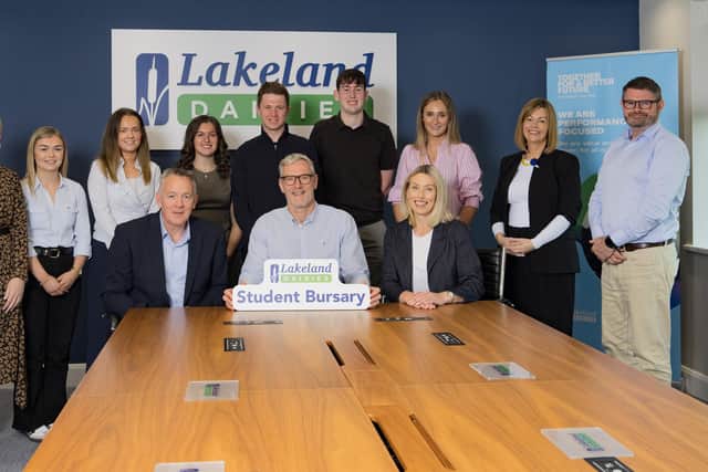 Pictured are Anne Smith, Group Head of Talent, Lakeland Dairies; Sophie Byres, Katherine Kilduff, Victoria Currie, Harvey Kirk, James Reilly and Sarah Jane Meredith, alongside Gemma Lambe, Global Head of Talent Acquisition, Lakeland Dairies. Seated are Pat Shiels, Chief Strategy & Member Officer, Lakeland Dairies; Tom Griffin, General Counsel and Co-Operative Secretary, Lakeland Dairies; and Liz Shouldice, Chief People Officer, Lakeland Dairies.