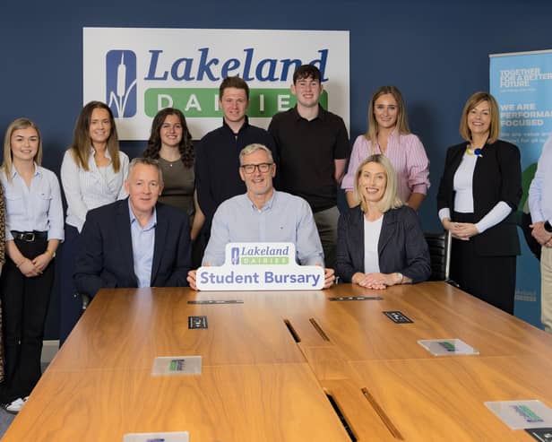Pictured are Anne Smith, Group Head of Talent, Lakeland Dairies; Sophie Byres, Katherine Kilduff, Victoria Currie, Harvey Kirk, James Reilly and Sarah Jane Meredith, alongside Gemma Lambe, Global Head of Talent Acquisition, Lakeland Dairies. Seated are Pat Shiels, Chief Strategy & Member Officer, Lakeland Dairies; Tom Griffin, General Counsel and Co-Operative Secretary, Lakeland Dairies; and Liz Shouldice, Chief People Officer, Lakeland Dairies.
