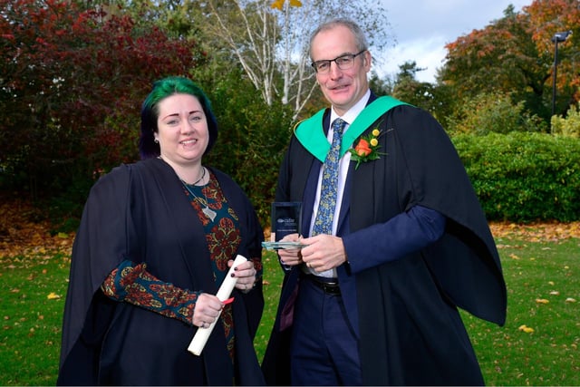 Holly Mitchell (Ballymoney) was presented with the Department of Agriculture, Environment and Rural Affairs Prize by Martin McKendry (CAFRE Director). Holly received the award in recognition of being the top Level 3 Advanced Technical Extended Diploma in Horticulture student at the Greenmount Campus autumn graduation event.