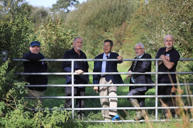 Gerry Darby, Dr Michael Meharg and Gary McErlain of Lough Neagh Partnership, are pictured with Consul General Mr Li Nan and Mayor of Antrim and Newtownabbey, Councillor Henry Cushinan, during a visit to Forthouse Farm, where they saw the achievements of the Lough Neagh Group Farm Schemes which are managed by the Lough Neagh Partnership and funded under the Department of Agriculture, Environment and Rural Affairs (DAERA).   .