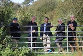 Gerry Darby, Dr Michael Meharg and Gary McErlain of Lough Neagh Partnership, are pictured with Consul General Mr Li Nan and Mayor of Antrim and Newtownabbey, Councillor Henry Cushinan, during a visit to Forthouse Farm, where they saw the achievements of the Lough Neagh Group Farm Schemes which are managed by the Lough Neagh Partnership and funded under the Department of Agriculture, Environment and Rural Affairs (DAERA).   .