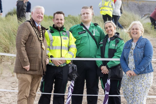 St John Ambulance with Mayor and Deputy Mayor Steven Callaghan and Margaret Ann McKillop pictured at the Lammas Fair beach horse racing, organised by the RDA and CCGBC. (Picture Steven McAuley/McAuley Multimedia)