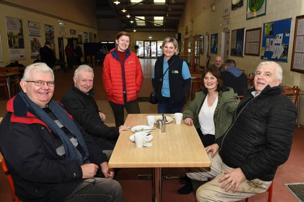 Dr Rebecca Orr, Christina Faulkner, Yvonne Carson  chatting to local farmers at Ballymena mart