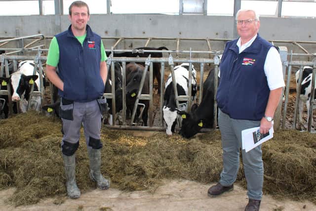 David Cargill and Ivor Hyndman in the new calf unit at Hollybank Farm. (Pic: Richard Halleron)