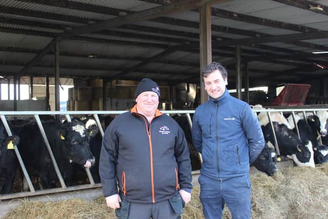 Host beef and tillage farmer of the Donegal Farm Walk and Talk event Peter Lynch with Agri Aware executive director Marcus O'Halloran