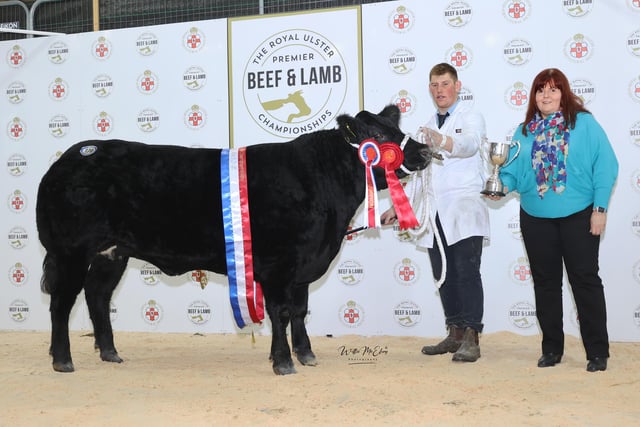 The Champion Aberdeen Angus and recipient of the Aberdeen Angus Cup at the fifth Royal Ulster Beef & Lamb Championships was awarded to Allen and Emma Shortt from Strabane. Pictured (L-R) Mark Reid and Jenny McNeill (RUAS).