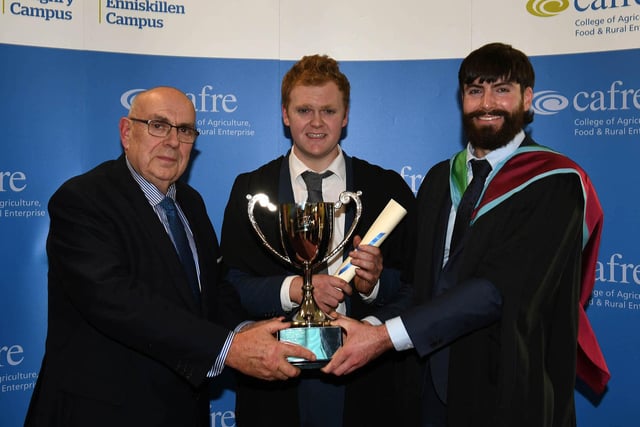 Jack Purdy (Annalong) was presented with the ABP Award for overall performance in beef and lamb on the Level 3 Work-based Agriculture programmes by Liam McCarthy (Head of Supply Chain Development, ABP) and Malachy Morgan (Agriculture Lecturer, CAFRE)