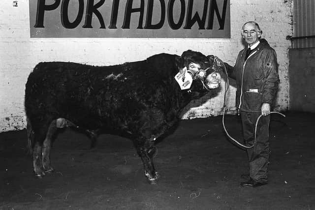 William Mulligan, Banbridge, with his Limousin bull, which was champion of champions at the multi-breed show and sale held at the Automart, Portadown, at the end of January 1983. Picture: Farming Life/News Letter archives