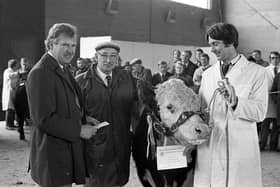 Pictured in October 1981 at the Royal Ulster Autumn show and sale at Balmoral is Alan McCracken from RHM who is seen handing over a cheque to the overall beef champion Hereford bull to Norman McMordie of Ballygowan. Looking on is Robert McBride, who judged the championship. Picture: Farming Life archives/Darryl Armitage