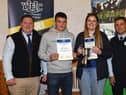 Winners of the dairy stock judging 18-21 age category with YFCU president, Stuart Mills (left) and Ryan Godfrey from Fane Valley Group (right). Picture: YFCU