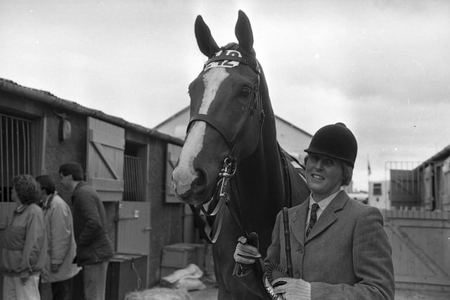 Ronnie Bailey wears that unmistakable sign success – and for good reason: Rock Ann, owned by Billy Clingham of Banbridge, had just won the middle-weight four-year-old hunter class at the Balmoral Show in May 1991. Picture: News Letter/Farming Life archives|