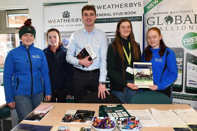 Jack Fogarty, Weatherbys discusses careers with CAFRE Enniskillen Campus students Beth McCartney (Ballymena), Rachel O’Kane (Cookstown), Cliodhna Casey (Belleek) and Lily Scott (Cookstown).