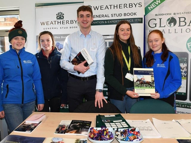 Jack Fogarty, Weatherbys discusses careers with CAFRE Enniskillen Campus students Beth McCartney (Ballymena), Rachel O’Kane (Cookstown), Cliodhna Casey (Belleek) and Lily Scott (Cookstown).