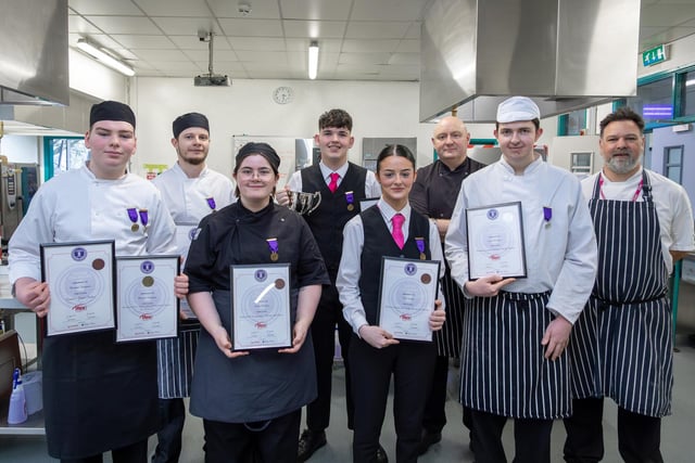 SERC Bangor and Newtownards Campus students who picked up Awards at IFEX were Michael Thompson (Belfast) gold for Risso Gallo Risotto Rice; Richard Vohar (Kircubbin) bronze Cook and Serve Challenge; Gabby Harrison (Newtownards) merit for Plant Based Chef Challenge; Kenzie McClelland (Bangor) and Chloe Luxton (Bangor), both bronze for Cook and Serve Challenge; Chef Lecturer Tom McCluney; Taylor Pietersen,  silver for Northern Ireland Culinary Ability Awards; and Chef Lecturer, Fritz Machala.