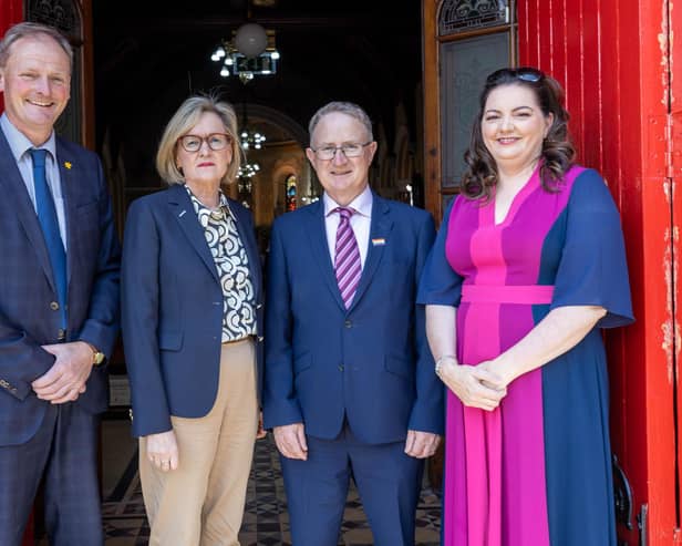 UFU president David Brown, Mairead McGuinness MEP, Professor Frank O’Meara, Teagasc and Norma Rohan, Embrace Farm founder at the Embrace Farm, Remembrance Service in the Church of the Most Holy Rosary, Abbeyleix, Co. Laois, Sunday 25th June 2023.
Photograph: Alf Harvey, no reproduction fee.