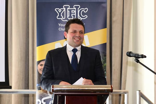 YFCU president Richard Beattie speaking at the AGM on Saturday 20th April 2024 in the Silverbirch Hotel, Omagh. Picture: YFCU