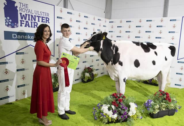 The Intermediate Showmanship class at the Royal Ulster Winter Fair was won Will Jones from Gorey, Wexford who is pictured receiving the award from Debbie Reid, Danske Ban