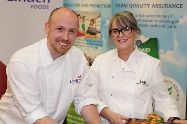 Linden Foods chef Ronan McLaughlin and LMC chef Wendy Donaldson getting ready to put on a cookery demonstration at the Women's Institute Christmas Fair, Armagh. Picture: Cliff Donaldson