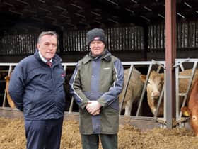 Discussing the significance of the new PRISM project: ABP's George Mullan (left) and Kircubbin beef and sheep farmer Sam Chesney. Picture: Cliff Donaldson