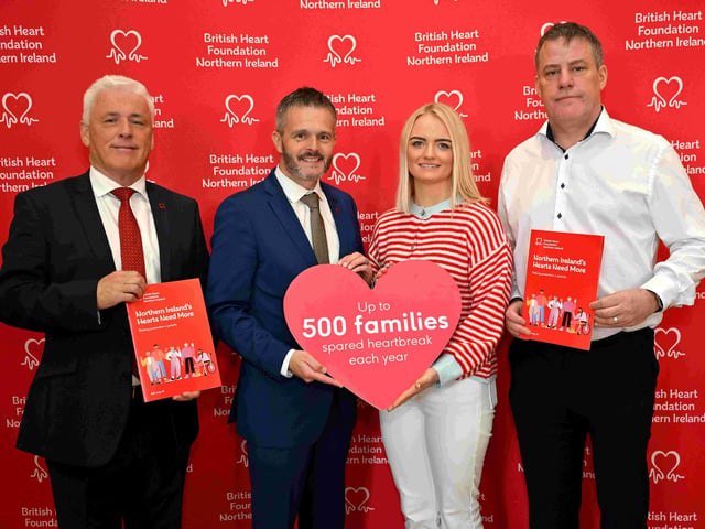British Heart Foundation NI has launched a new report, ‘Hearts Need More’, highlighting the urgent need to tackle cardiovascular disease (CVD) in Northern Ireland and prevent as many as 500 premature deaths a year. Pictured at the launch at Parliament Buildings with Health Minister Robbie Butler are Head of BHF NI Fearghal McKinney,  Lucy Huffington from Portstewart, who lost her father Garry suddenly to a heart attack in September with Terry Rice from Newry, who lost his husband Derek to a heart attack in February.