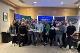 Rob Lally, Macra Northwest vice president, Elaine Houlihan Macra national president and Kim Millar-Price, brand development and marketing manager at Aurivo Agribusiness, pictured with Northwest Macra members at the Northwest Kings and Queens launch night. Picture: Submitted