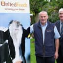 Martin Clarke, United Feeds, discusses sponsorship of Holstein NI’s Kilrea bull sale with club president David Perry, and committee member Stuart Smith. Photograph: Columba O'Hare/ Newry.ie