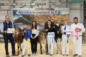 Interbreed Champion went to Damm Renegade Sallie, pictured with the Champion Jersey & Ayrshire, with Ashley Fleming, NI Sales Manager AHV, Laura Cornthwaite & Jason Helen, judges and John Mclean, Blondin Sires. (Pic supplied by NIHYB)