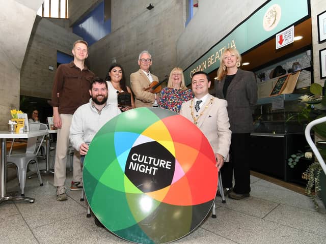 Mayor Ruairi McHugh launching Culture Night with Jack Macíomhair, seated, Director of Cultúrlann, and from left, Ryan Harling, Events/Festivals officer, Cultúrlann, Saoirse Barbour, Co-ordinator, Acadanh Ceoil, Peter Tracey, musician, Mary Delargy, Cultúrlann, and Sharon Meenan, Arts & Culture, Derry City & Strabane District Council.