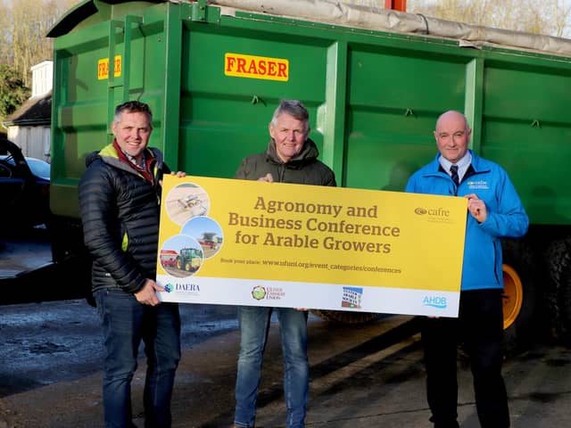 UFU seeds and cereals chair Christopher Gill, UAS chair Barclay Bell and CAFRE senior agriculture adviser Robin Bolton. Pic: UFU