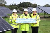 Economy Minister Dr Caoimhe Archibald, Dr Sara Venning, CEO NI Water and Infrastructure Minister Liz Kimmins at Antrim Wastewater Treatment Works to mark a significant achievement completing the second phase of NI Water’s major solar installation scheme. Picture: Michael Cooper