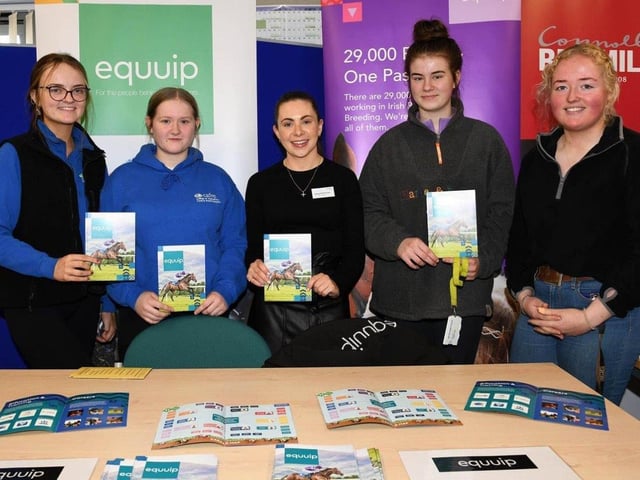 CAFRE Enniskillen Campus Level 3 Students Flo Dowds (Lisburn), Courtney Carlisle (Killinchy), Aoife Gribben (Armagh) and Hollie McCoubrey (Newtownards) pictured with Stacey McDonnell, Equuip.