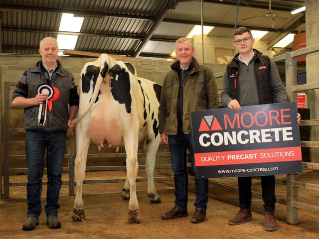 Wilson Patton’s supreme champion Ards Harmony Marq I PLI £434 sold for 4,000gns. He was congratulated by judge Ben Mallon, and sponsor David Henderson, Moore Concrete. Picture: Julie Hazelton