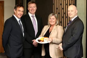 Pictured at the Ulster Bank and Guild of Agricultural Journalists Pre-Balmoral Show Briefing is (L-R) Cormac McKervey, Ulster Bank’s Head of Agriculture; Mark Crimmins, Ulster Bank Regional Managing Director; Rhonda Geary, Operations Director at the RUAS, and Richard Ramsey, Ulster Bank’s Chief Economist. At the event, Richard Ramsey delivered his 2024 Ulster Fry Index. (Pic supplied)