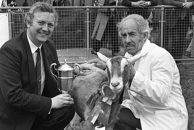 Agriculture Minister Jeremy Hanley presents a cup to David Johnston of Kells, Co Antrim, after his goat Gilgad won the supreme champion award at the Balmoral Show in May 1991. Picture: News Letter/Farming Life archives|