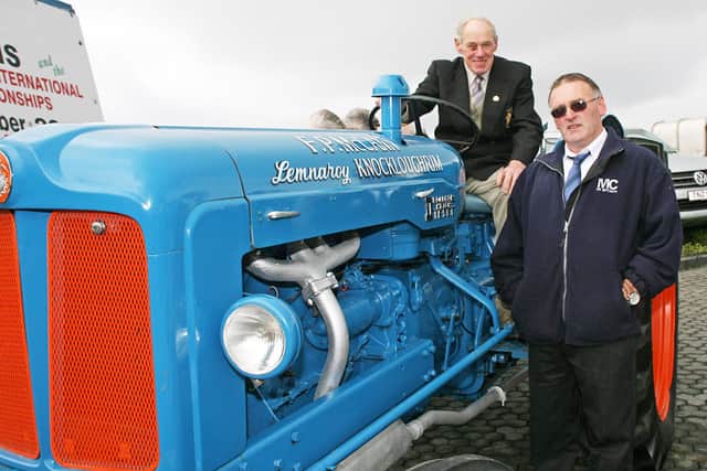 Hugh Barr trying out a Fordson Major similar to the one he won the World Ploughing Championships in 1954 1955 and 1956 with. The tractor was owned by F.P McCann, vintage ploughing sponsor, and brought by Joe Toner to the launch of the 70th NI Ploughing Association Five Nations International Ploughing Championships at Bushmills. Image: Sam Rea