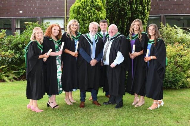 A selection of Foundation Degree in Sustainable Agriculture graduates with Course Lecturers David Alexander and Ian McMaw pictured after the Higher Education Graduation Ceremony at CAFRE. Pic: CAFRE