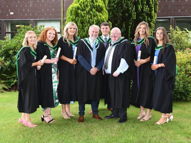 A selection of Foundation Degree in Sustainable Agriculture graduates with Course Lecturers David Alexander and Ian McMaw pictured after the Higher Education Graduation Ceremony at CAFRE. Pic: CAFRE
