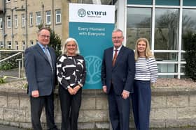 L-R: Evora Hospice Chair Paddy Loughran, CEO Liz Cuddy with Health Minister Mike Nesbitt and Bridget Lynch, Director of Care Services.
