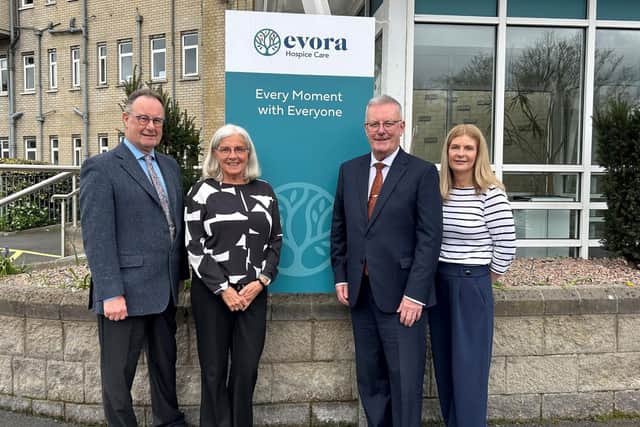 L-R: Evora Hospice Chair Paddy Loughran, CEO Liz Cuddy with Health Minister Mike Nesbitt and Bridget Lynch, Director of Care Services.