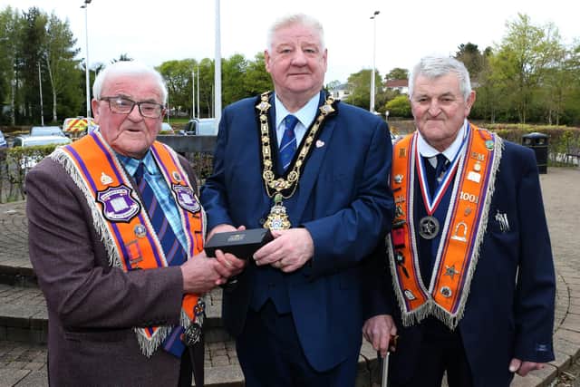 Wor Bro Andy McLean with The Mayor, Councillor Steven Callaghan and Andy’s brother Sammy McLean. (Pic supplied by CCGBC)