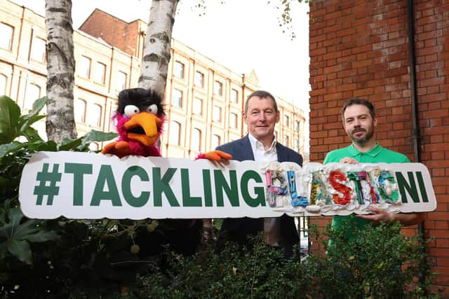 Live Here Love Here’s litter loathing puppet Al, Ian Humphreys, chief executive, Keep Northern Ireland Beautiful, and Chris Gourley, waste and pollution solutions strategic lead, Keep Northern Ireland Beautiful