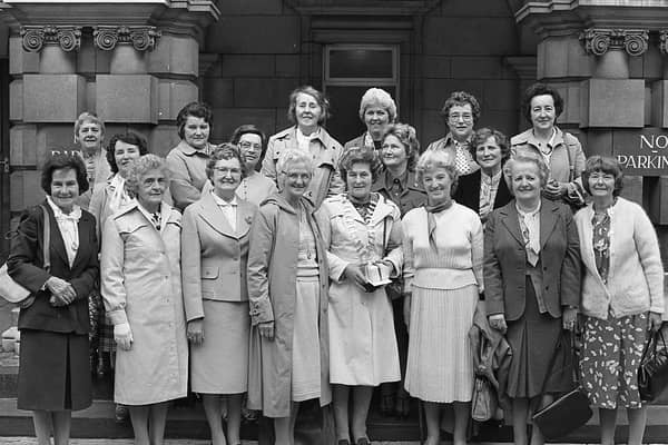 Pictured in October 1981 is Mrs Maureen McGinn, centre, president of the Irish Countrywoman’s Association, from Dollymount, Dublin, during a visit with the association to Belfast City Hall. Picture: News Letter archives/Darryl Armitage